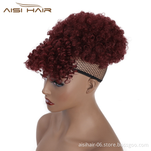 Aisi Hair Cheap Price Afro Puff Heat Resistant Fiber Chignon Bun Vendors Short Afro Curly Updo Hair Synthetic Bun With Fringe